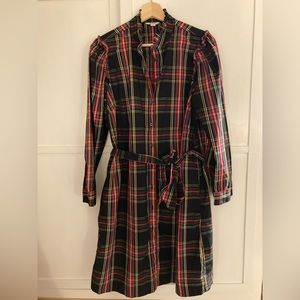 J. Crew Factory Ruffleneck mini shirtdress / Size 8 / Stewart Tartan Black Red